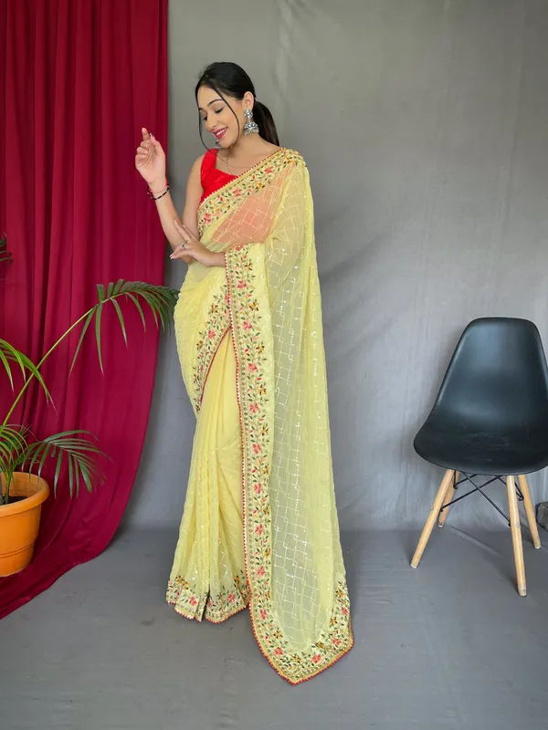 Lemon_Yellow_Bollywood_Style_Partywear_Sequins_Saree_With_Blouse_Piece_Attached